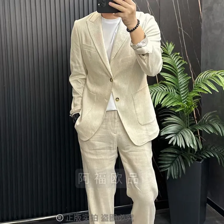 【阿福欧品】男士松弛老钱戗驳领天丝亚麻西服休闲