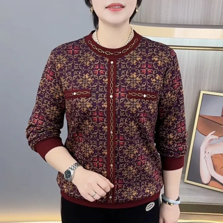 冬季新款圆领印花烫钻洋气妈妈装加绒保暖宽松休闲时尚上衣H9997