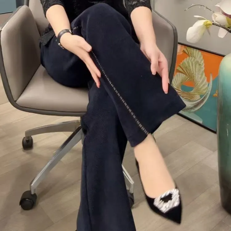 8819裤子高品质侧条烫钻立体裁剪常规老钱风显瘦时尚休闲裤黑色
