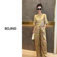 现货【落英缤纷】新中式桑蚕丝夏季复古中式印花轻奢气质时尚套装