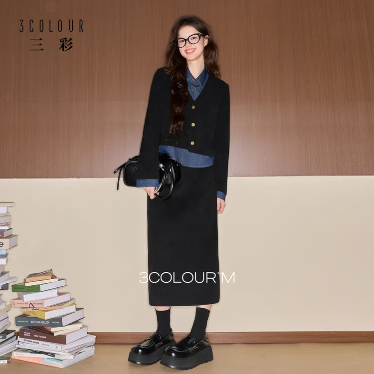 三彩2025秋冬季新款黑色半身裙两件套装灯芯绒外套上衣长裙女M