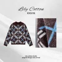 糖衣优雅 美式复古撞色菱形格绵羊毛长袖针织外套 YLXR-6201279