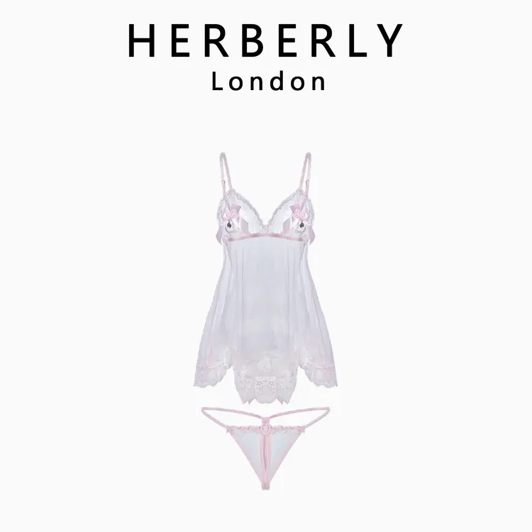 英国 HERBERLY 性感蝴蝶结网纱蕾丝吊带睡裙女纯欲风小胸甜美睡衣
