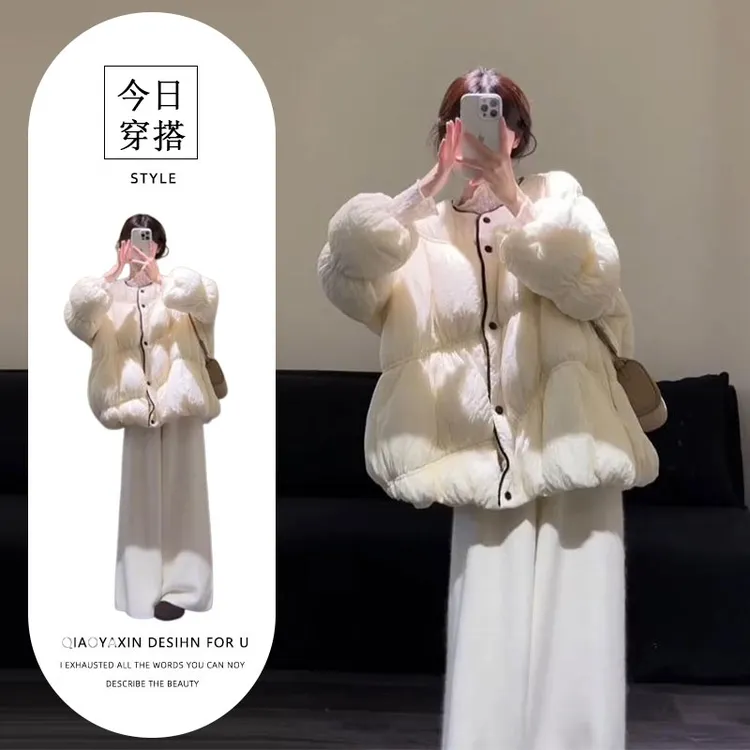 2025冬季新款韩系千金风设计感棉服外套高腰休闲阔腿裤两件套装女