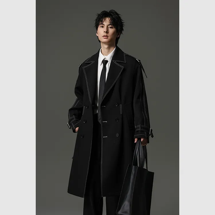 秋冬季重磅拉风男士风衣中长款黑色显帅百搭垂感宽松韩版英伦风15