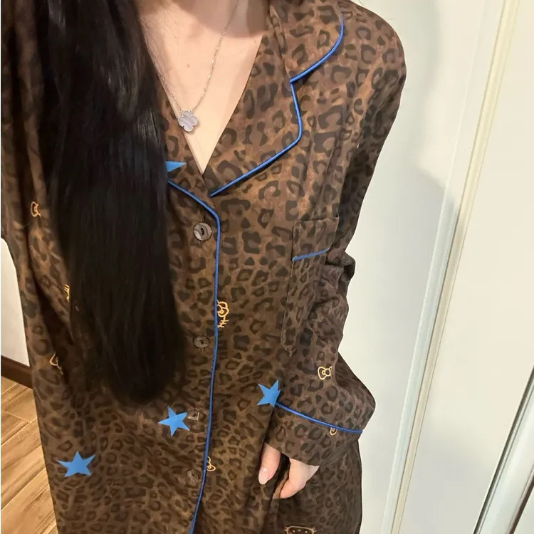 LEVTCHBORZT2025新款睡衣女长袖长裤豹纹KT猫家居服套装时尚休闲