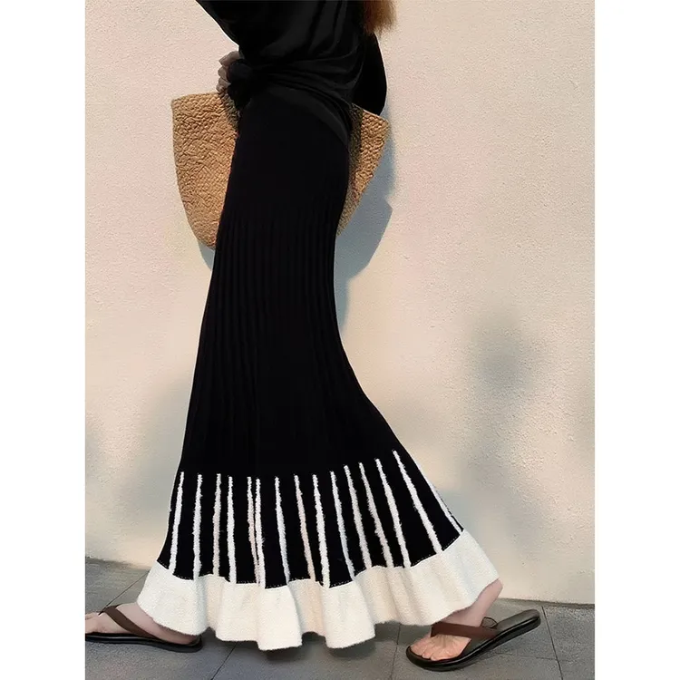 好看到心坎里！半身裙女漂亮法式复古设计感针织高腰荷叶边长裙子