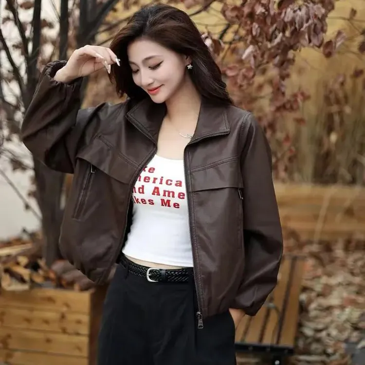 爆款休闲宽松显瘦拉链皮夹克女2025秋装新款皮衣外套女短款机车服