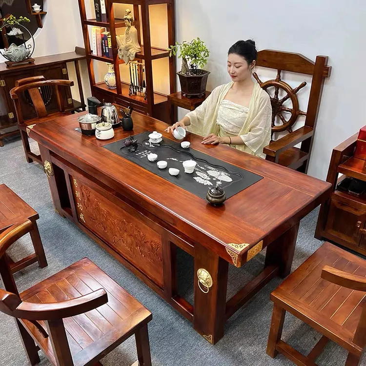 老船木茶台现代中式客厅功夫茶几实木一体套装办公室泡茶桌椅组合