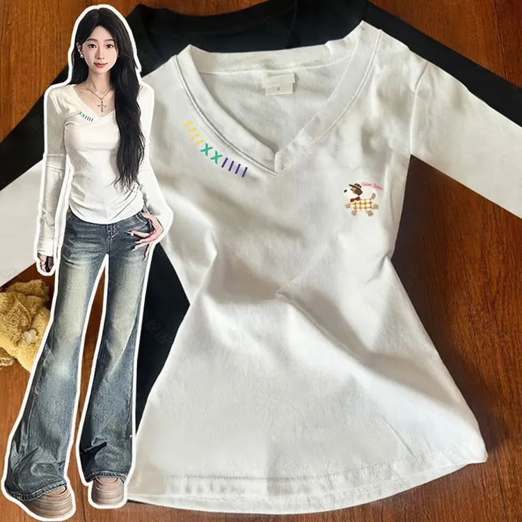 CKKOR秋冬女内搭美式辣妹修身显瘦v领长袖t恤小众炸街高级感女装 