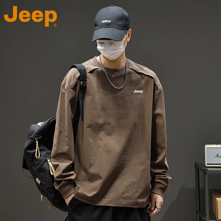 JEEP吉普长袖纯棉T恤男士2025年秋季官方新款美式宽松圆领上衣服