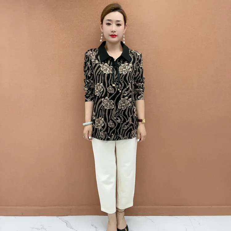 秋季中老年女士大码长袖花色T恤中长款遮肚显瘦上衣气质妈妈装
