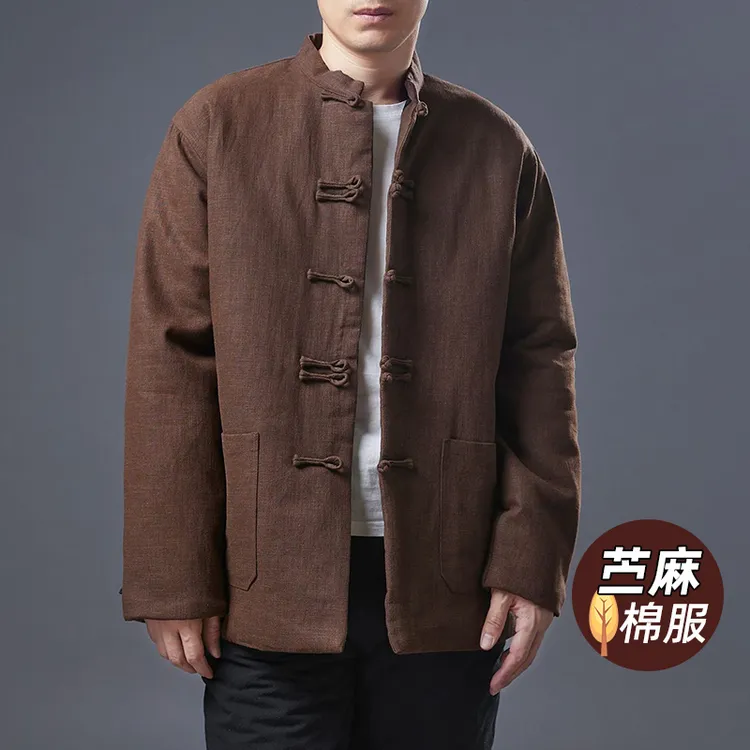 中国风男装冬装棉衣苎麻外套复古中式立领盘扣棉衣传统唐装棉袄厚
