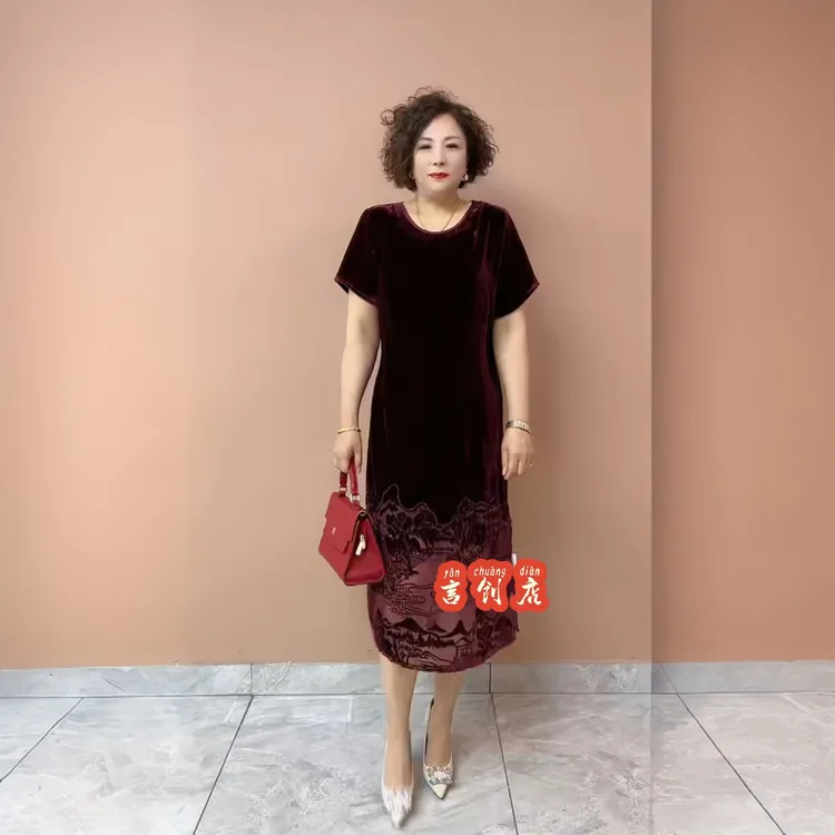 2513高品质！夏季新款真丝绒烧花大码连衣裙宽松显瘦减龄妈妈长裙