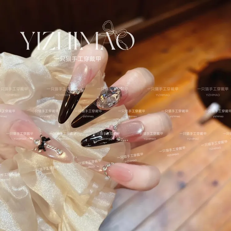 【黑粉千金】千金miu系小香风黑法蝴蝶结碎钻显白美甲手工穿戴甲