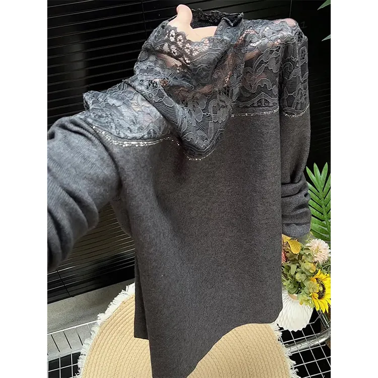 法式简约蕾丝拼接针织打底衫秋冬季大码胖MM休闲百搭显瘦内搭上衣