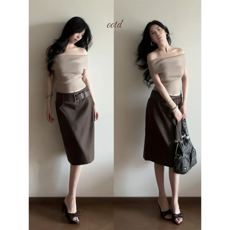 一字领两穿短袖T恤针织衫露肩背心上衣半身裙包臀裙直筒裙一步裙