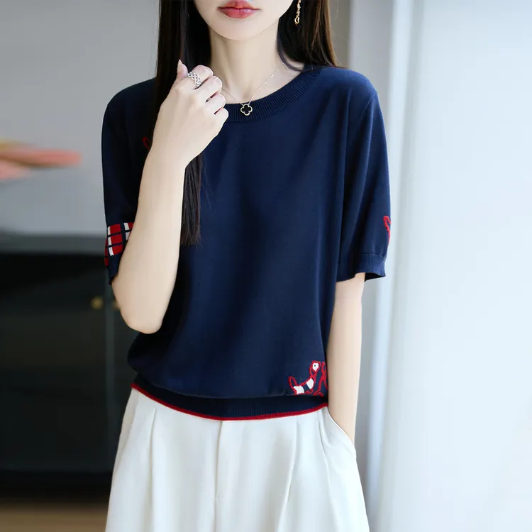 哥弟阿玛施正品新款小众刺绣毛针织衫上衣夏季修身短袖夏季气质女