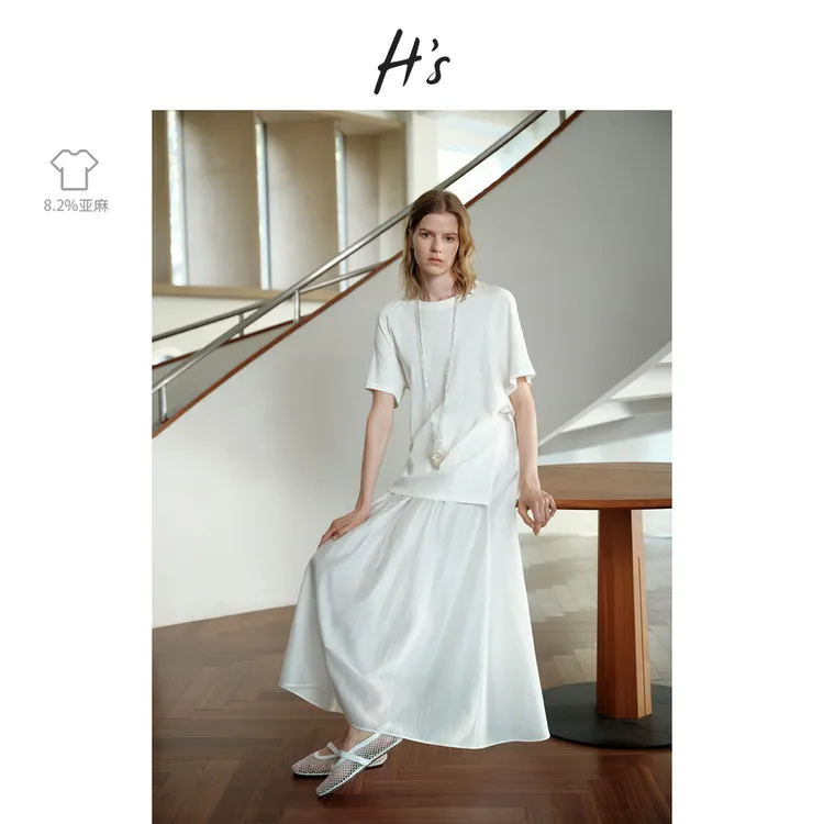 H'S莱赛尔0压感连衣裙女25夏新款设计亲肤宽松亚麻拼接白色长伞裙