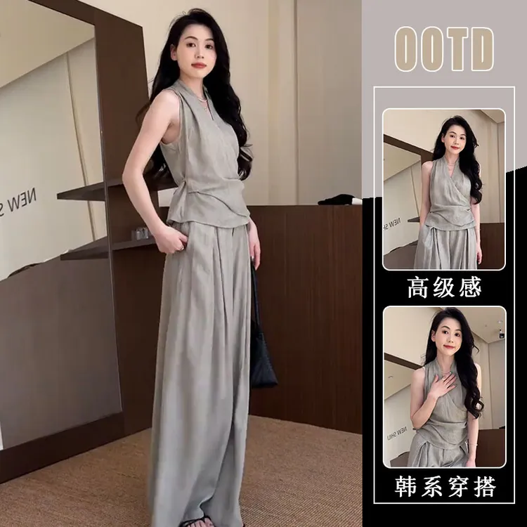 高级感时髦套装女无袖V领绑带收腰上衣+阔腿裤2025夏季新款两件套