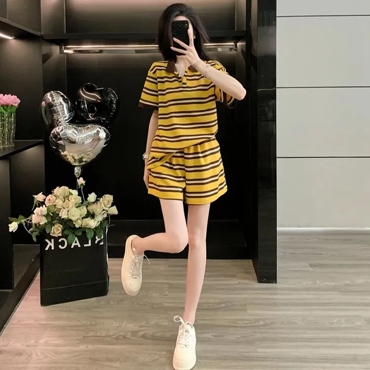高含棉韩版休闲条纹套装女2026年夏季新款洋气显瘦上衣短裤两件套
