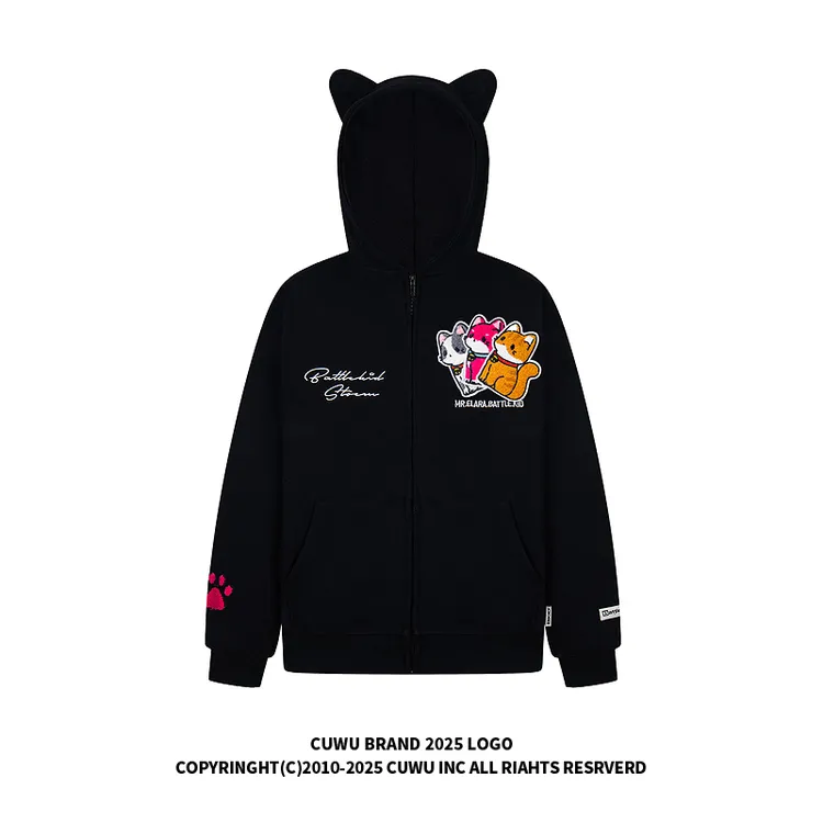 cuwu美式小猫魔术贴刺绣连帽卫衣女男秋季休闲百搭慵懒风开衫外套