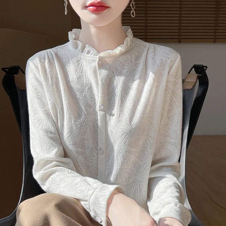 【现货宠粉】新款花苞领衬衫女长袖针织衬衣复古轻奢春秋打底上衣薄