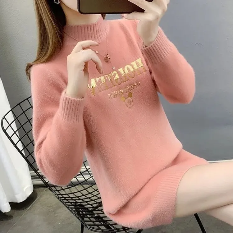 加厚半高领仿水貂绒毛衣女秋冬新款保暖宽松中长款针织打底衫上衣
