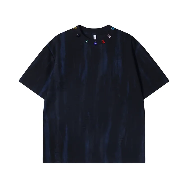 夏季高级感新款美式扎染破洞立体彩色装饰短袖T恤百搭潮流上衣