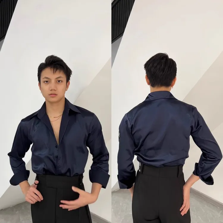 6KDance舞服拉丁舞男上衣摩登训练服T恤练习服叉肩袖套头衫小领口