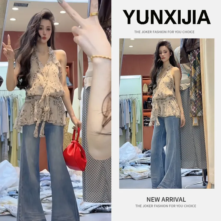 法式碎花雪纺无袖V领雪纺衫女夏季小个子小众设计感收腰显瘦上衣