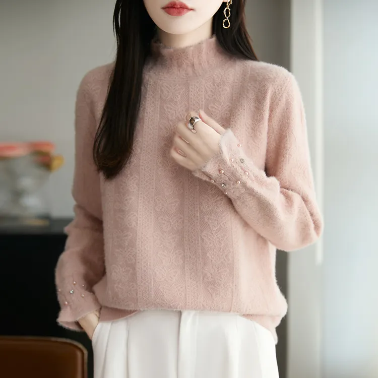 纯100羊毛衫女秋冬新款提花粉色半高领钉珠毛衣内搭羊绒打底衫女