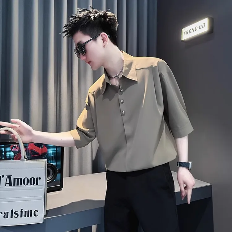 夏季短袖衬衫男装潮牌休闲冰丝纯色衬衣2025新款男士薄款中袖上衣
