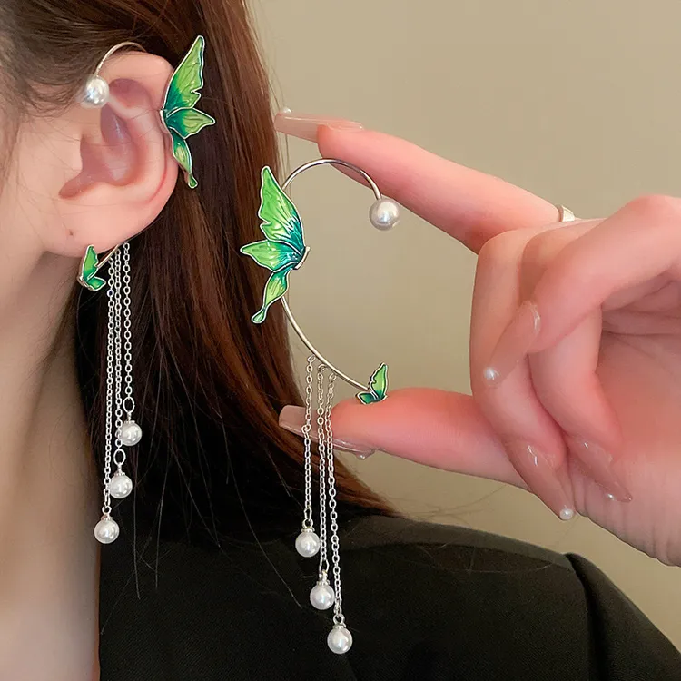 合金耳饰 新款小清新珍珠蝴蝶流苏耳环无耳洞设计耳挂潮流耳饰女