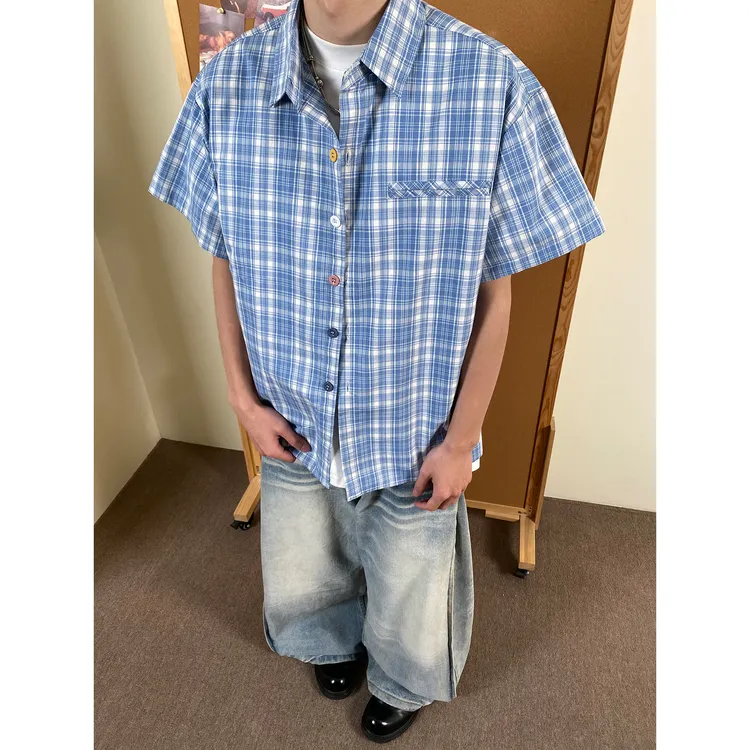 ABC BUFUT 美式复古拼色纽扣格子衬衫男女休闲百搭情侣短袖衬衣潮