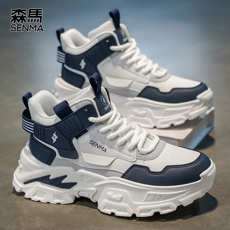 森马高帮男鞋秋款百搭休闲皮面防水青少年跑步运动篮球增高老爹鞋