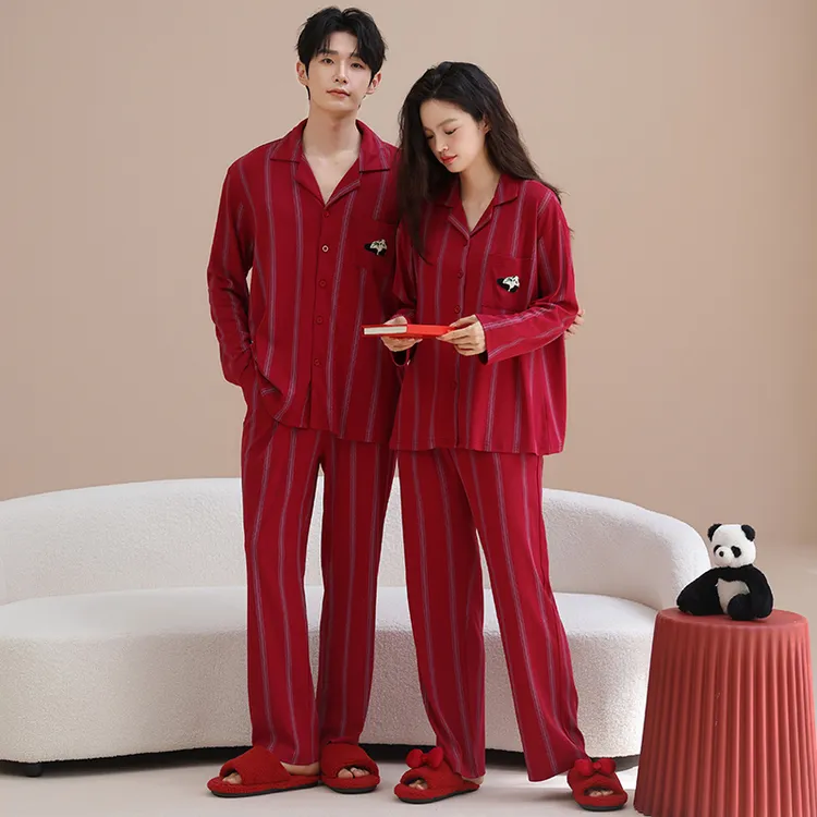 思馨坊春秋季上新情侣结婚红色睡衣纯棉条纹长袖男女款家居服套装