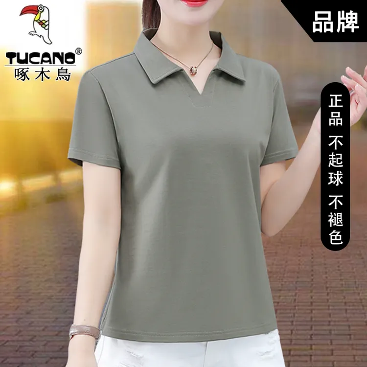 啄木鸟宽松翻领运动韩版短袖T恤女宽松型休闲有弹力夏季爆款上衣