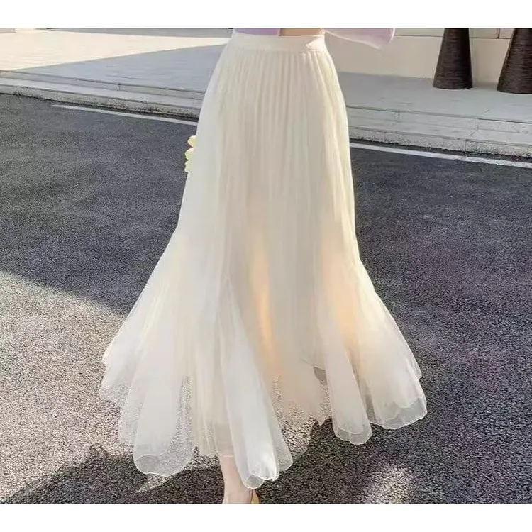 码加加31912鱼尾裙撑不规则杏色网纱鱼尾裙高腰A字蓬蓬飘逸半裙