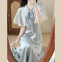 【清仓+运补5米】蓝色衬衫连衣裙子女夏季温柔高知穿搭收腰长裙5785