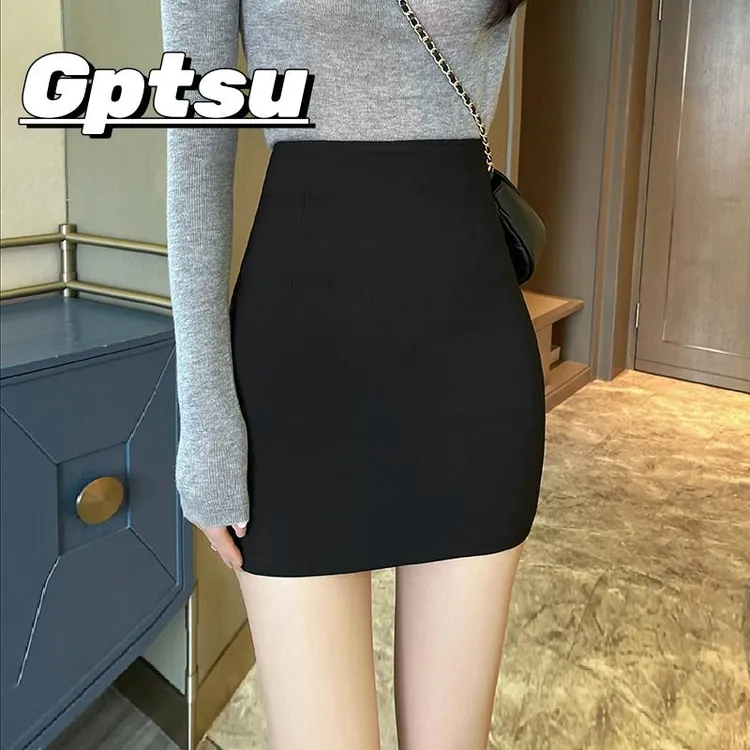 GPTSu黑色包臀裙女春秋季高腰弹力短款半身裙职业百搭紧身一步裙