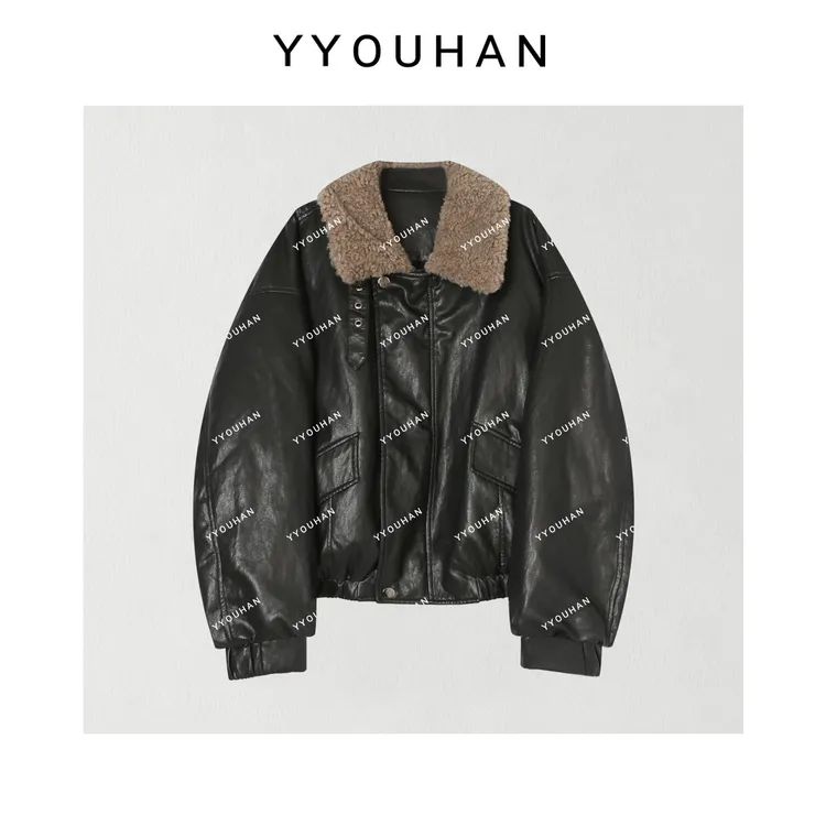 月月 2025秋冬小众设计休闲宽松撞色毛领皮衣羽绒服 2510C7108