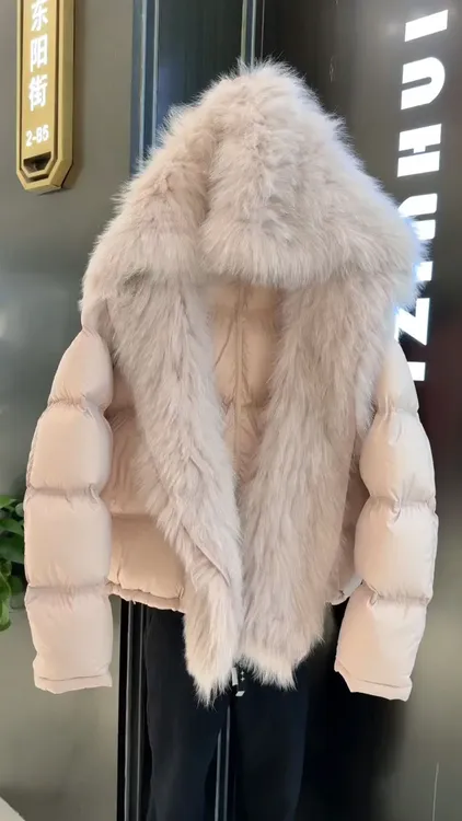 韩系粉色大毛领短款棉服女装2025冬季新款保暖加厚面包服气质外套