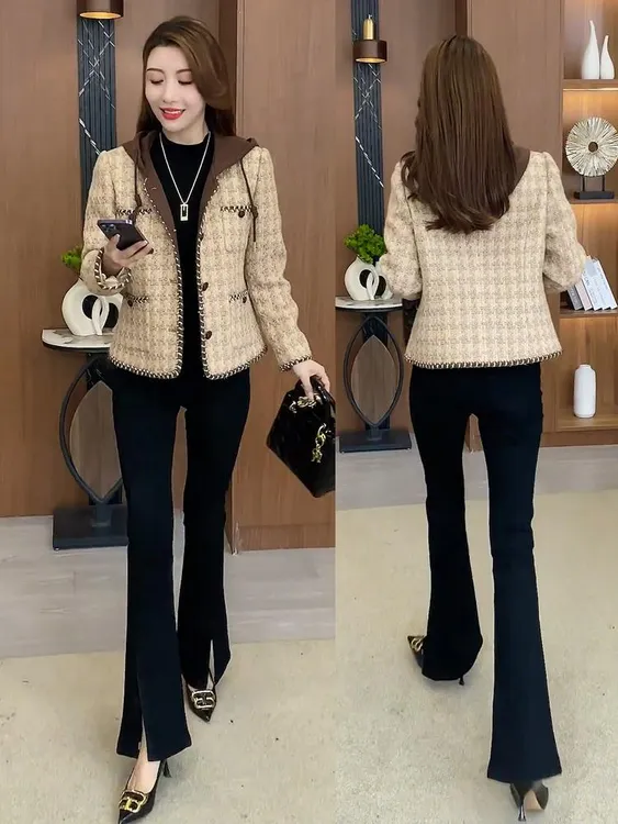 时尚小香风短外套女今年新款洋气质百搭显瘦连帽休闲格子上衣