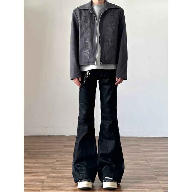 暗黑RO风刷蜡牛仔裤男高街直筒微喇长裤VIBE休闲男款微喇裤