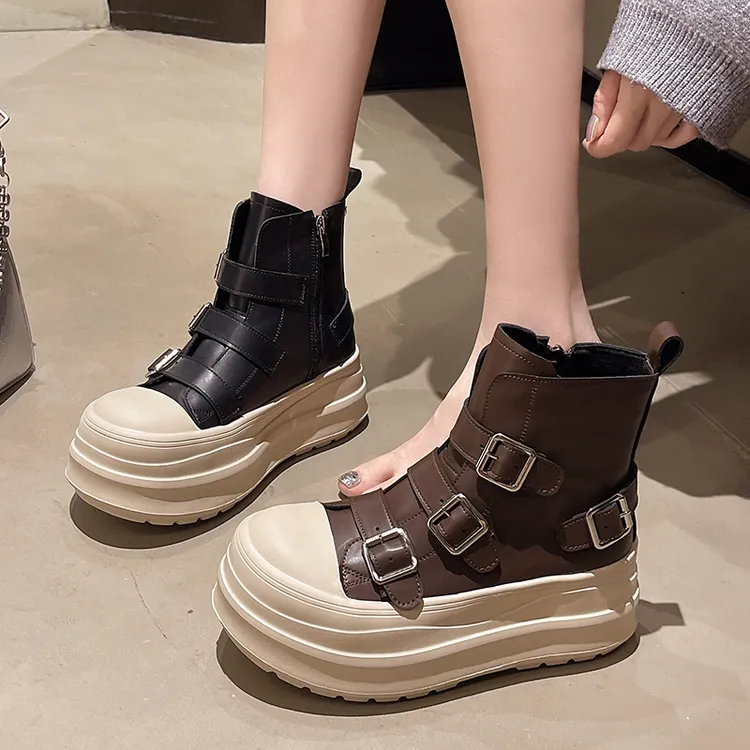 增高7CM厚底马丁靴靴子女2025秋季新款英伦风皮带扣休闲机车短靴