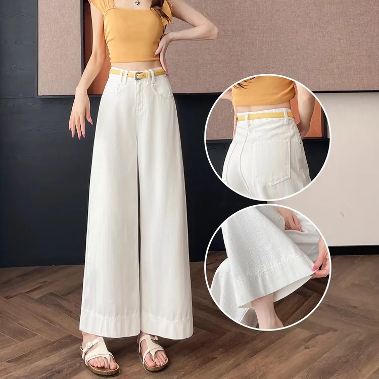 超火米白色九分阔腿牛仔裤女2025夏薄款宽松垂感小个子八分奶奶裤