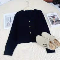 玲姐定制-V领纯色温柔气质外套女上衣百搭泡泡袖针织开衫372733