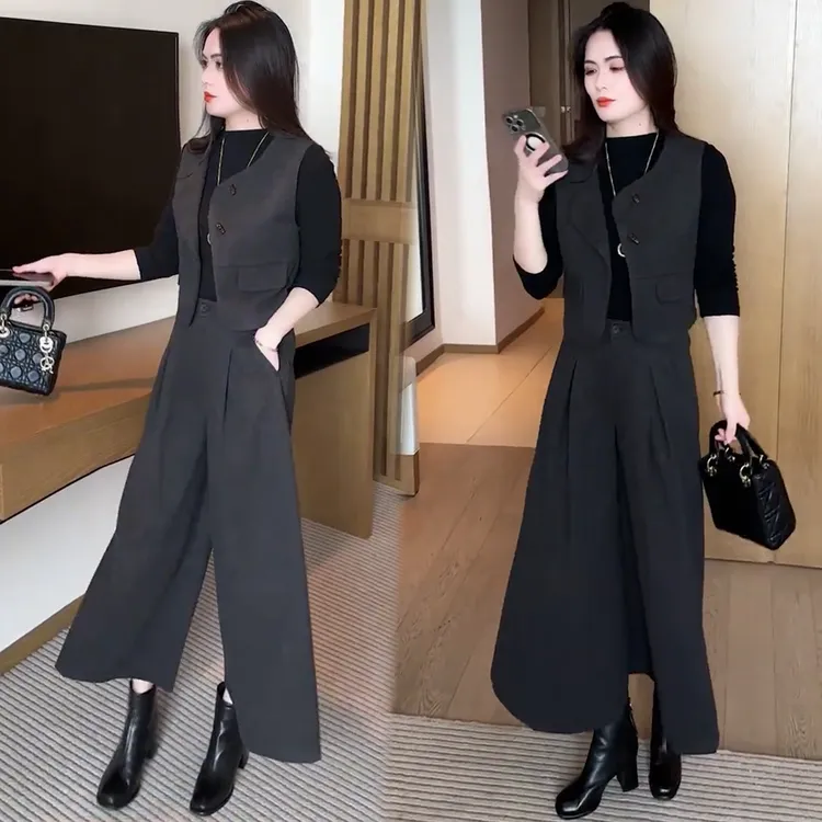 时尚套装女2025秋季新款洋气显瘦休闲百搭马甲打底衫阔腿裤三件套