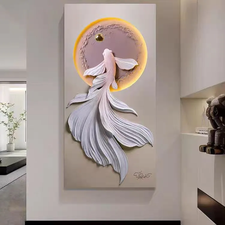 RELIFE/福雕家饰（锦鲤迎门）立体浮雕玄关客厅走廊过道带灯装饰画